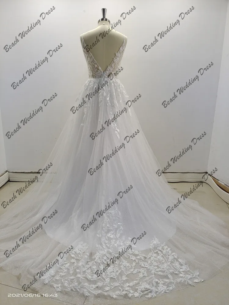 Spaghetti Strap Deep V Neck Wedding Dress 2021 for Bride Lace Appliques Tulle Pleat Gorgeous Bridal Gowns For Women | Свадьбы и