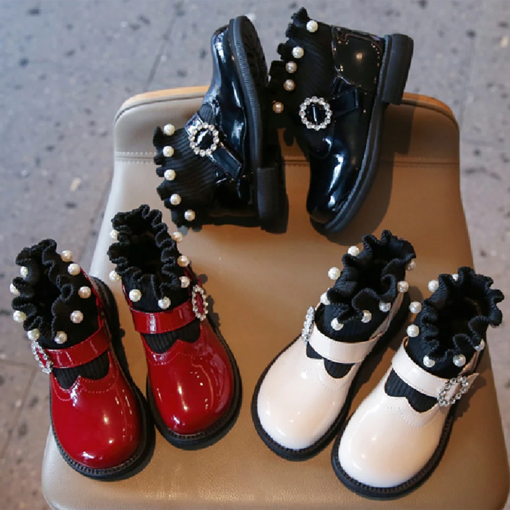 

Girls' Fly Weaving Stitching Short Boots Small Leather Boots