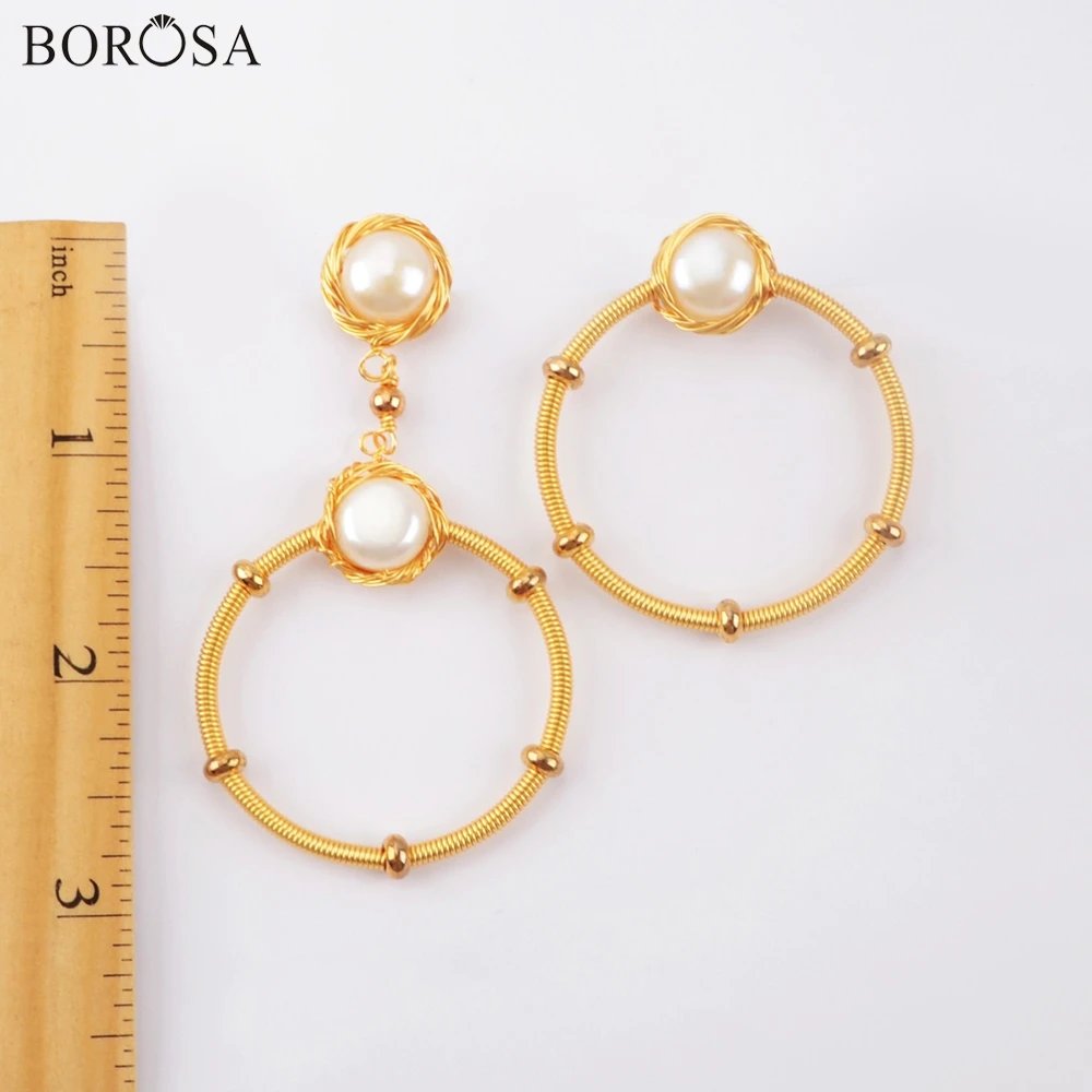 BOROSA 2/3 пары круглые ассиметричные пресноводные жемчужные висячие серьги в золотистой проволоке геометрические серьги с натуральным жемчугом WX1212