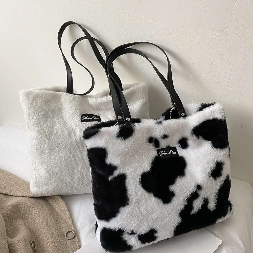 

Винтажная Женская сумочка с животным принтом, плюшевая сумка на плечо, повседневный вместительный кошелек для путешествий и покупок, Осень-...