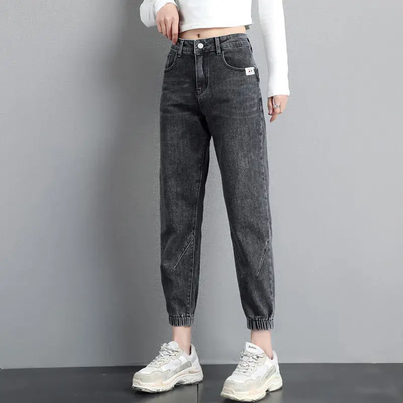 

High waisted jeans women spring 2021 new loose tight fitting waist leggings feet thin nine points harem pants ins net red trend