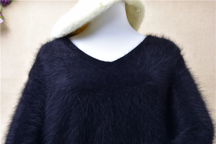 Женский Пушистый кашемировый пуловер из меха норки с V-образным вырезом и