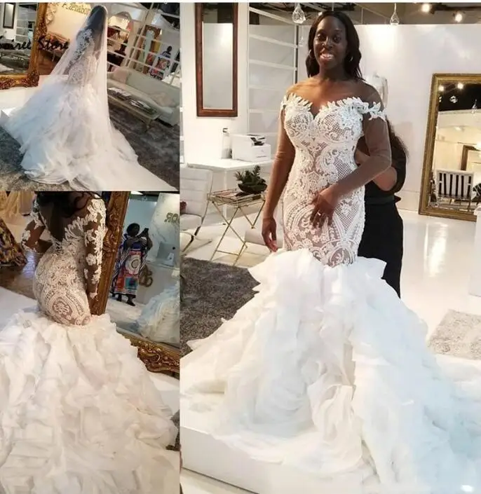 

Mermaid Lace Wedding Dresses African Dubai Long Plus Size Bridal Gowns Illusion Long Sleeves Court Train Wedding robe de mariee