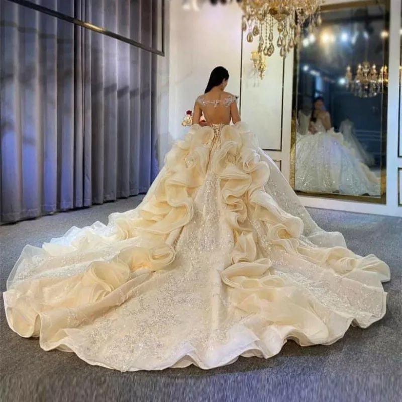 

Женское свадебное платье со шлейфом, Прозрачное платье с длинными рукавами и открытой спиной, расшитое бисером, очаровательное платье неве...