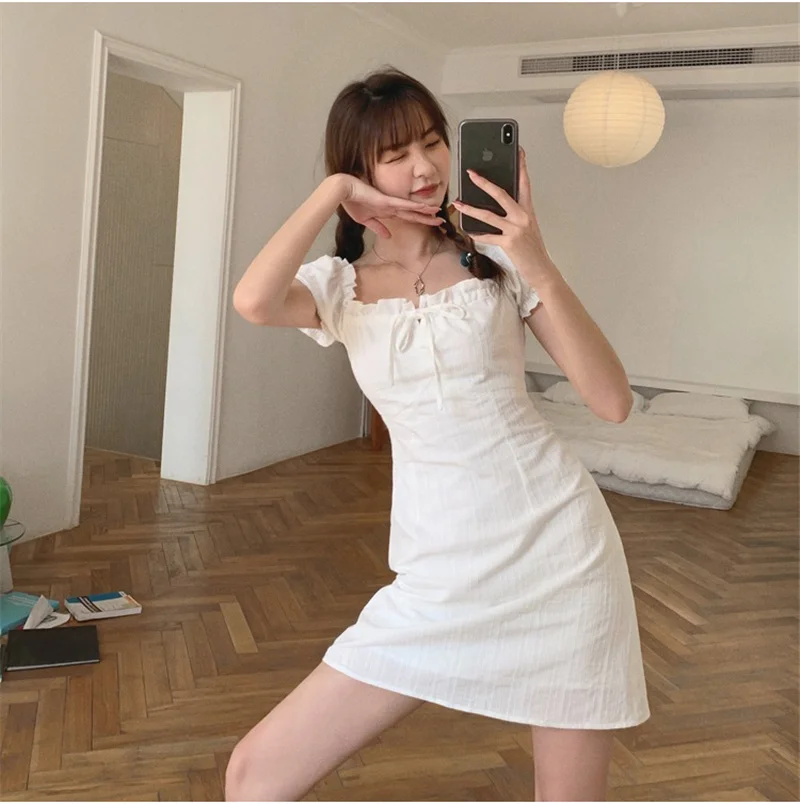 Sexy verano puff, manga corta, falda chica caliente Súper Hada dulce temperamento vestido