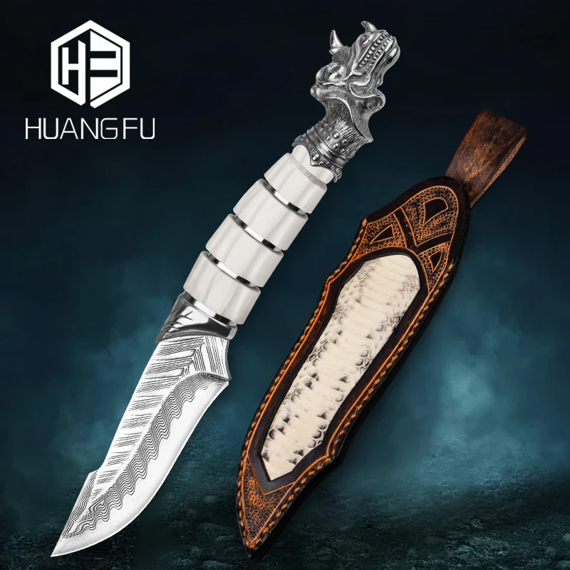 Охотничий нож HUANGFU VG10 из дамасской стали с фиксированным лезвием для выживания коллекционный тактический