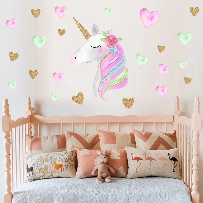 

Hot selling heart Unicorn wall sticker children's room cartoon background decoration sticker household PVC removable