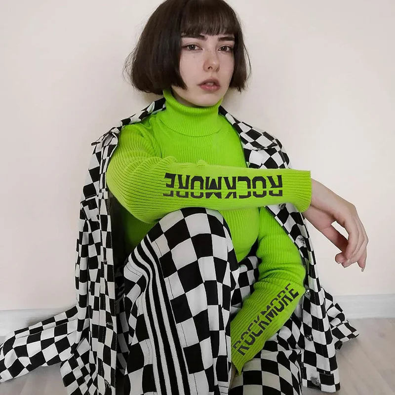 Женская футболка с надписью Fitshinling неоново-зеленая высоким воротом Осень-зима 2019