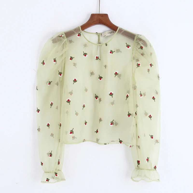 Женская короткая блузка из органзы элегантная прозрачная с вышивкой круглым