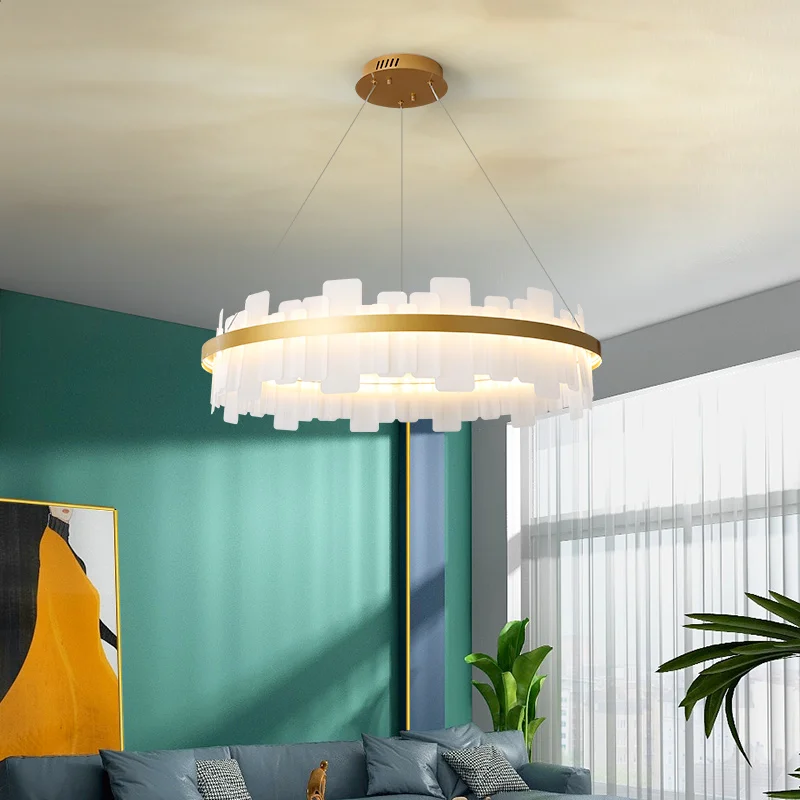 

Modern Led Chandelier Simple Acrylic Lampshade With Remote Control Dimming Light Golden Round Restaurant Lighting Fixtures