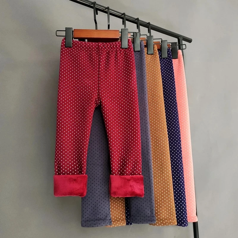 

Sweet Leggings Girls Dot Velvet Pants Autumn Winter Kids Cotton Stretch Warm Trousers Baby Girls Elastic Waist Slim Pants