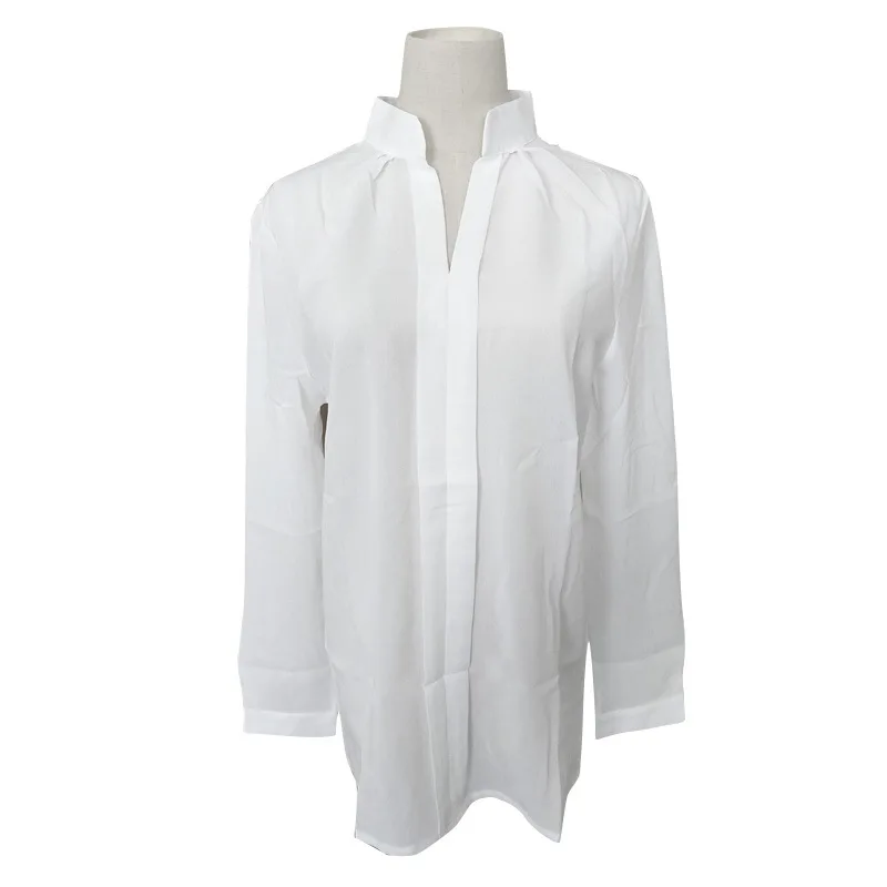CINESSD Women Casual Chiffon Blouses Stand V Neck Solid Long Sleeve Office Ladies Tops White Fashion Slim Tee Shirts 2020 Blouse