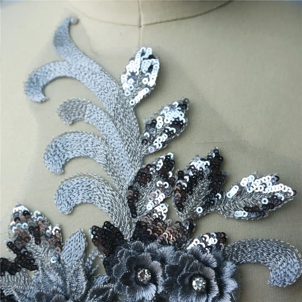 Серая Серебристая кружевная ткань блестки 3D цветы стразы кисточки свадебное