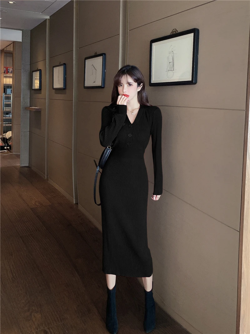 

2021 Spring Women's Knitted Buttons V-neck Sweater Dress Women Slim Full Sleeve High Elasticity Long Sweaters Dresses