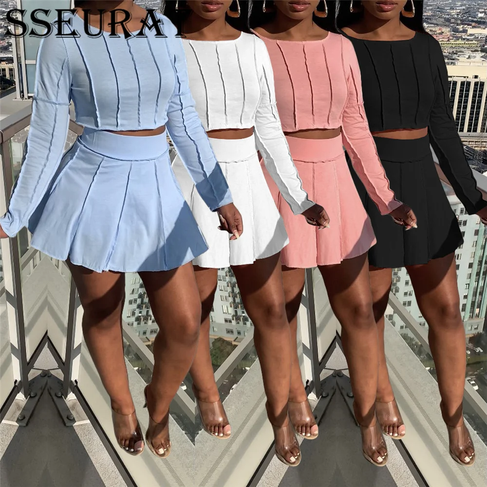 

SSEURAT Women Set Solid Long Sleeve Crop Tops Mini Pleat Skirt Two 2 Piece Sets Tracksuit Summer Outfit