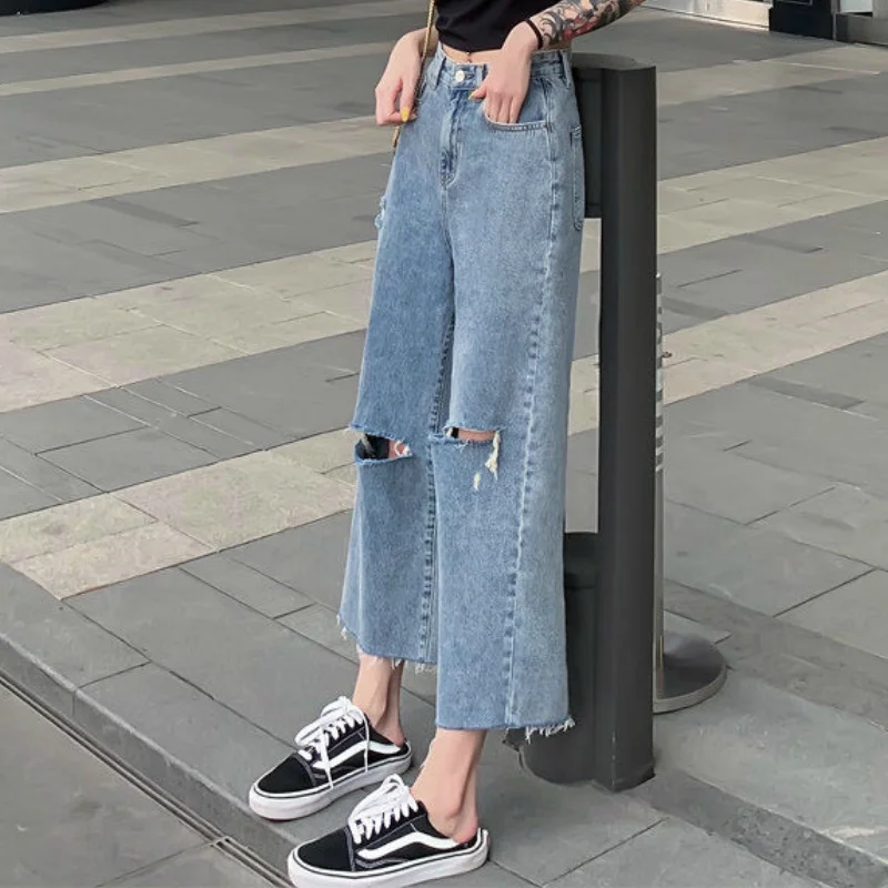 

Jeans Women Wide-leg Washed Holes Vintage Solid Casual Streetwear Ulzzang Fur-line High-waist Tassel Female Chic Denim Pants