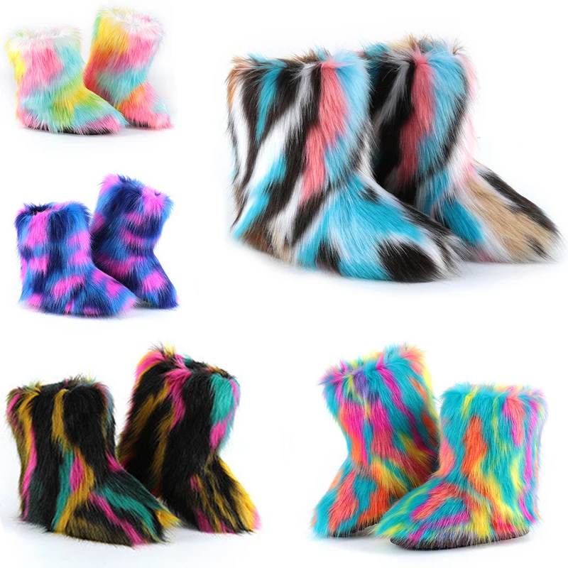 

Women Faux Furry Boots Girl's Winter Outdoor Warm Cotton Shoes Ladies Fluffy Snow Boots Female Indoor Plush Platform Shoes Hot