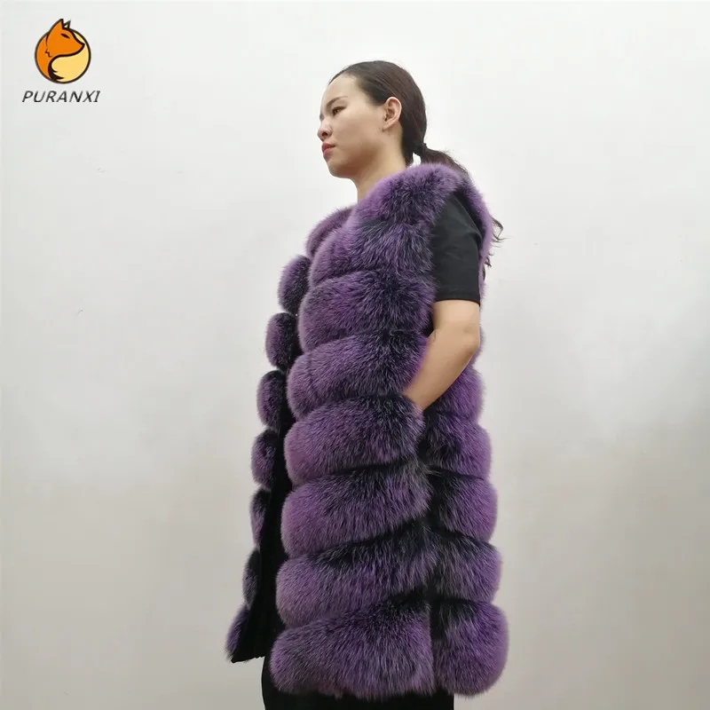 Жилет женский из натурального синего лисьего меха плотный без рукавов зимний 2019 |