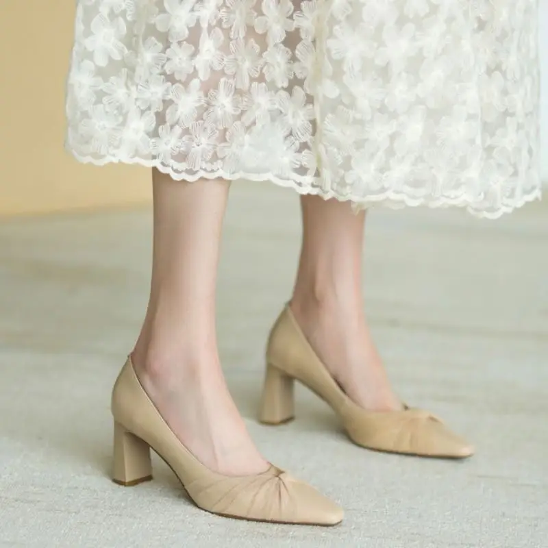 

RIZABINA Size 33-40 Women High Heel Shoes Genuine Leather Thick Heel Pumps Women Fashion Party Wedding Shoes Women Footwear