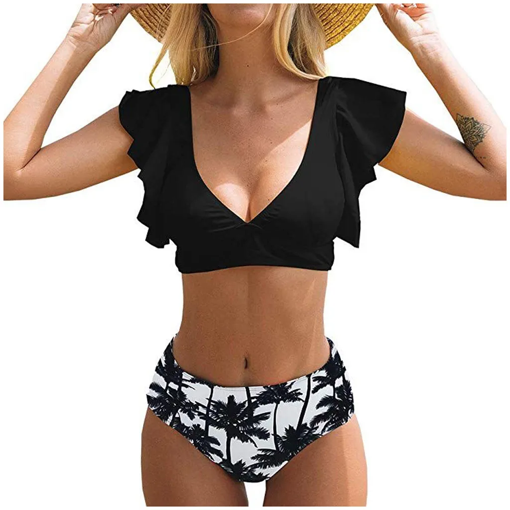 

Solid Ruffled Hem Bikini Set Women High Waist V-Neck Swimwear Push Up Bikinis Print Swimsuit Female Beachwear купальник женский