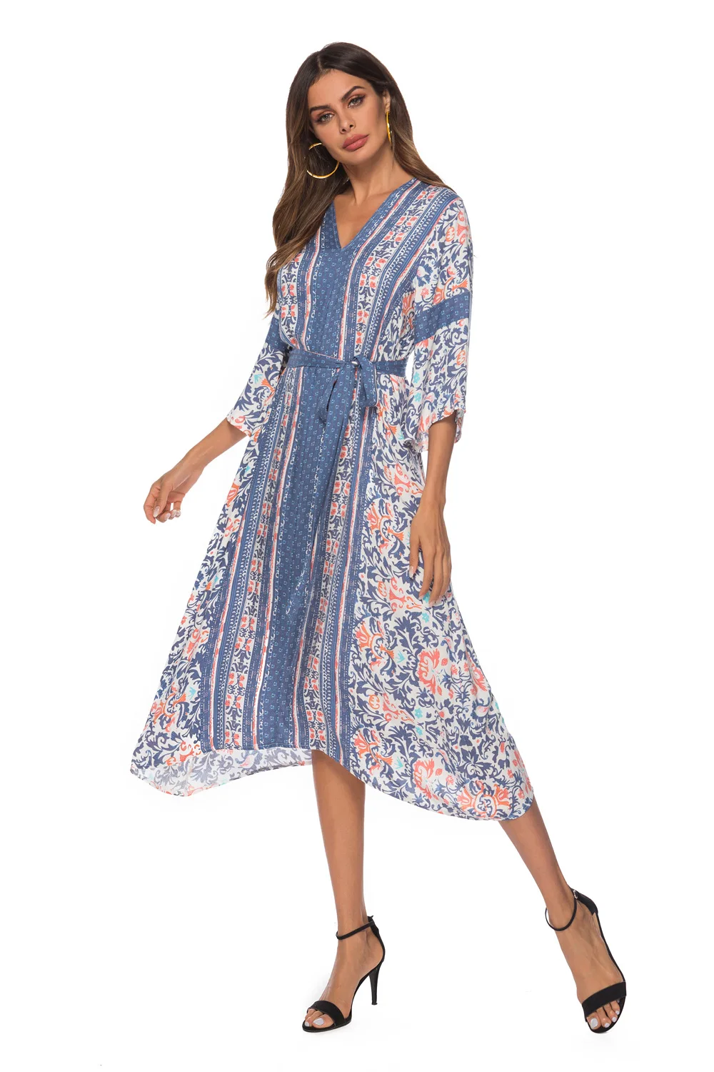 

Boho Autumn African Women's Dress Fashion Print V-Neck Sashes A-Line Mid-Calf Dress for Ladies