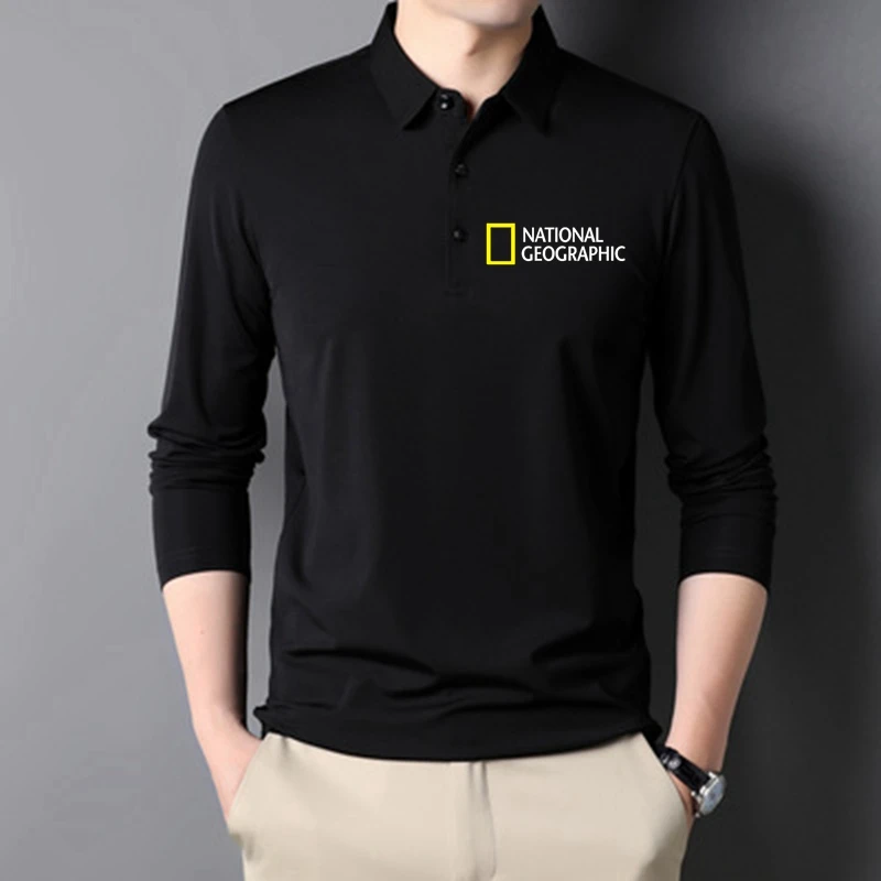 

National Geographic High Quality Polo Shirt Men Long Sleeve Turn Down Collar Neck Regular Fit Thermal Sports Shirt Pullover Hot