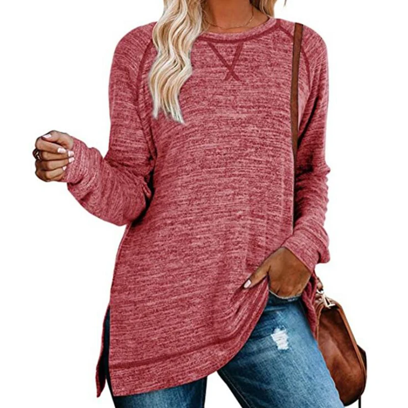 

Plus Size 2021 Spring Autumn Fashion Graphic T-shirts for Women Solid Color Long Sleeve Round Neck Loose Street Pullover Tops
