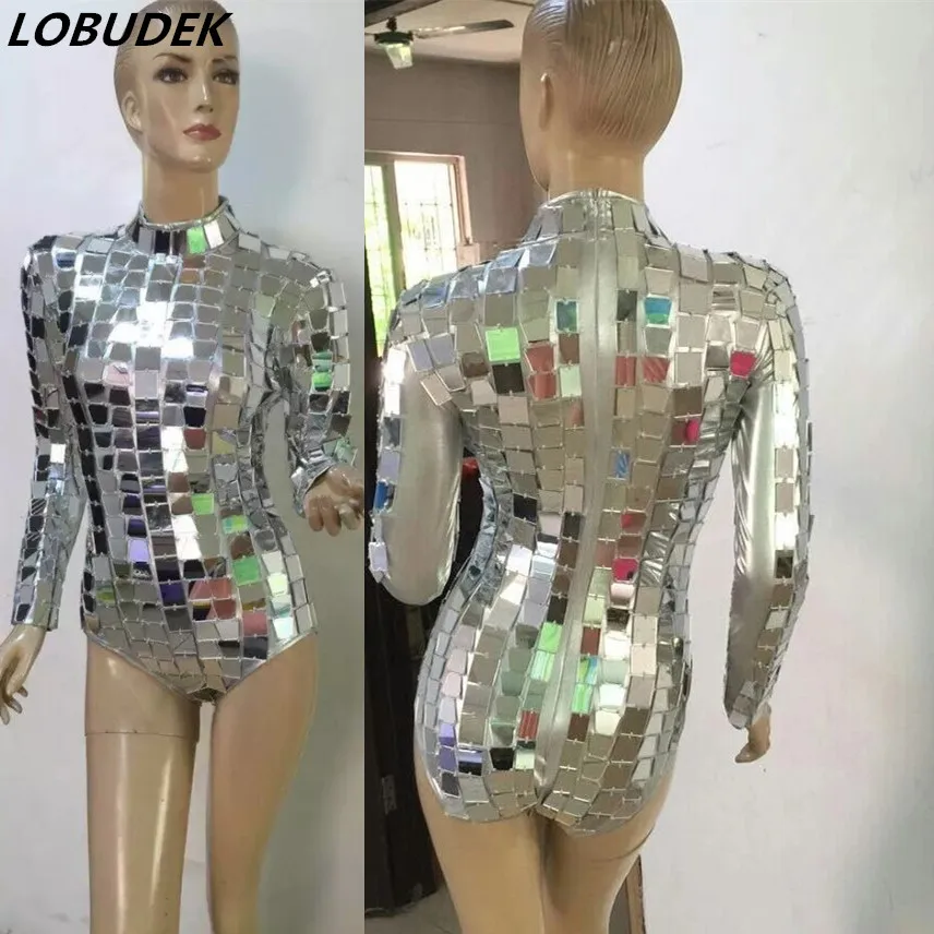 

Hand Sewing Mirrors Bodysuit Silver Sequins Long Sleeve Jumpsuit Female Singer Machine Dance Costume Nightclub DJ DS Dancer Wear