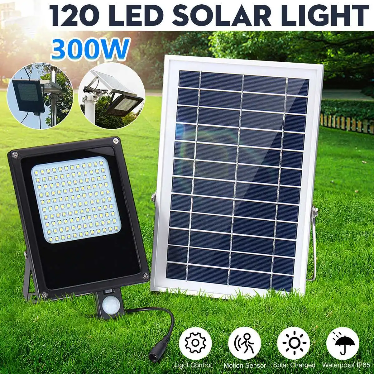 

Светодиодный прожектор на солнечной батарее, 300 Вт, портативный Точечный светильник, уличный садовый водонепроницаемый настенный светильн...