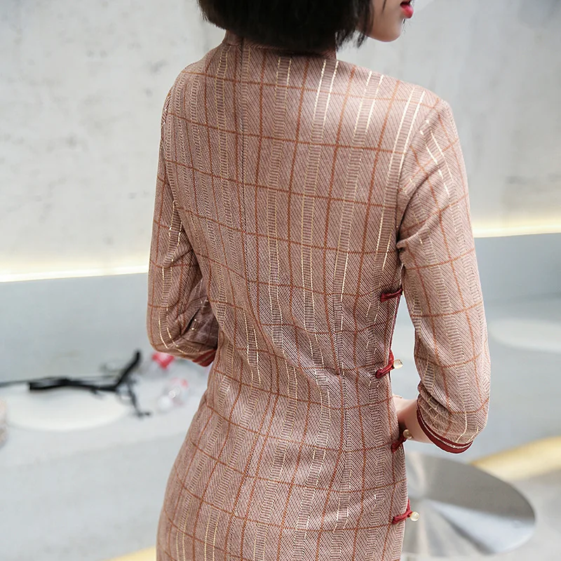 Китайский национальный Ципао платья в клетку пикантное платье средней длины