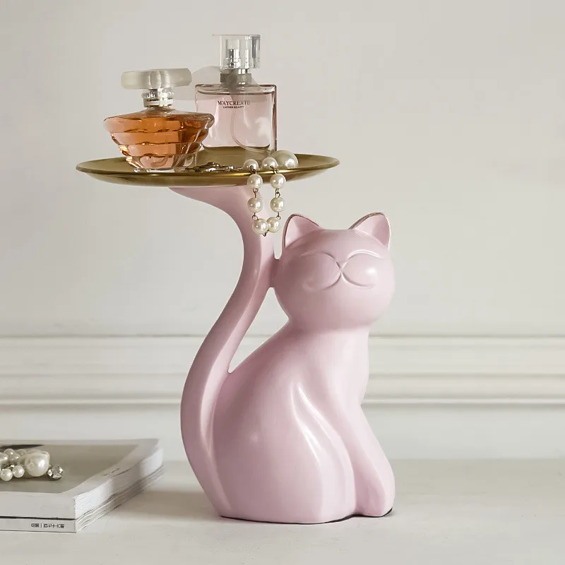 

Nordic Morandi Color Modern Simple Living Room Key Storage Resin Fortune Cat Desktop Candy Tray Decoration X4183