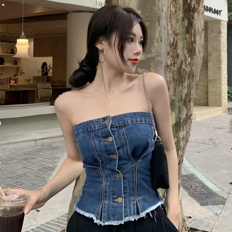 

Summer Women Ins Korean Hot Girl Sleeveless Vest Slim Denim Buttons Sexy Female Tube Top