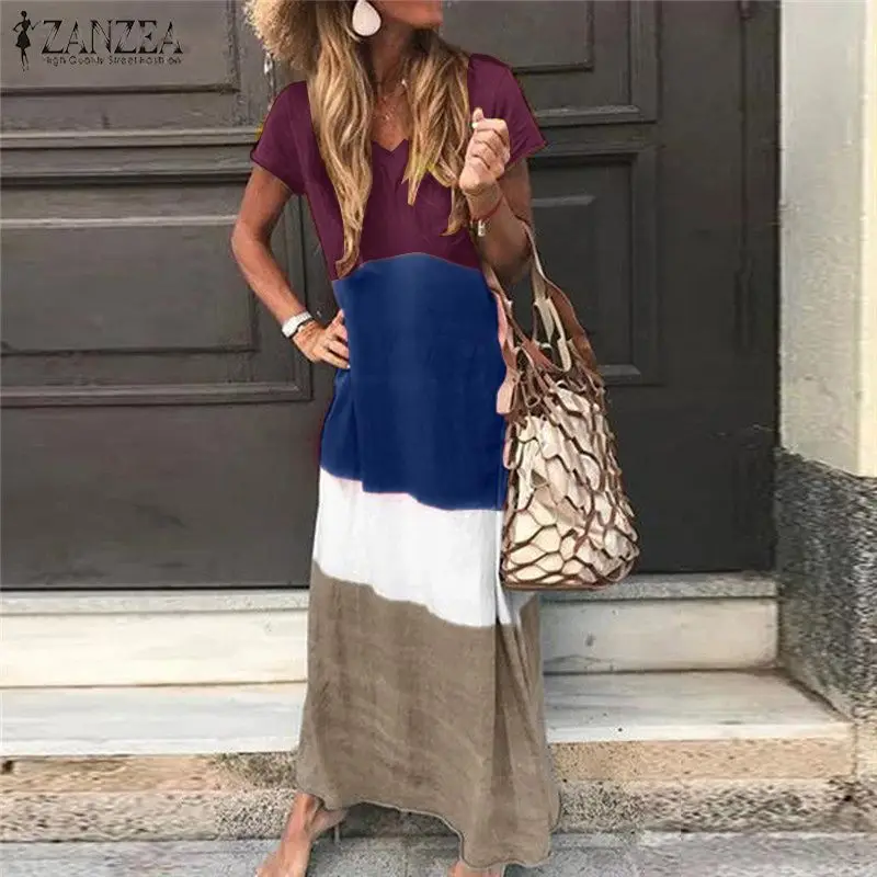 Женское длинное платье в стиле пэчворк ZANZEA повседневное пляжное с v образным