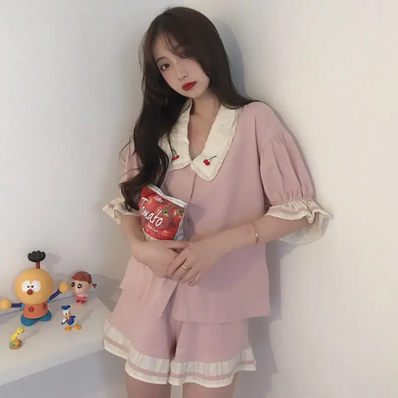 

QWEEK Princess Style Pajamas Set Girls Women Summer 2021 Pyjamas Sweet Doll Collar Pijamas Cherry Print Homewear Pink Nightie