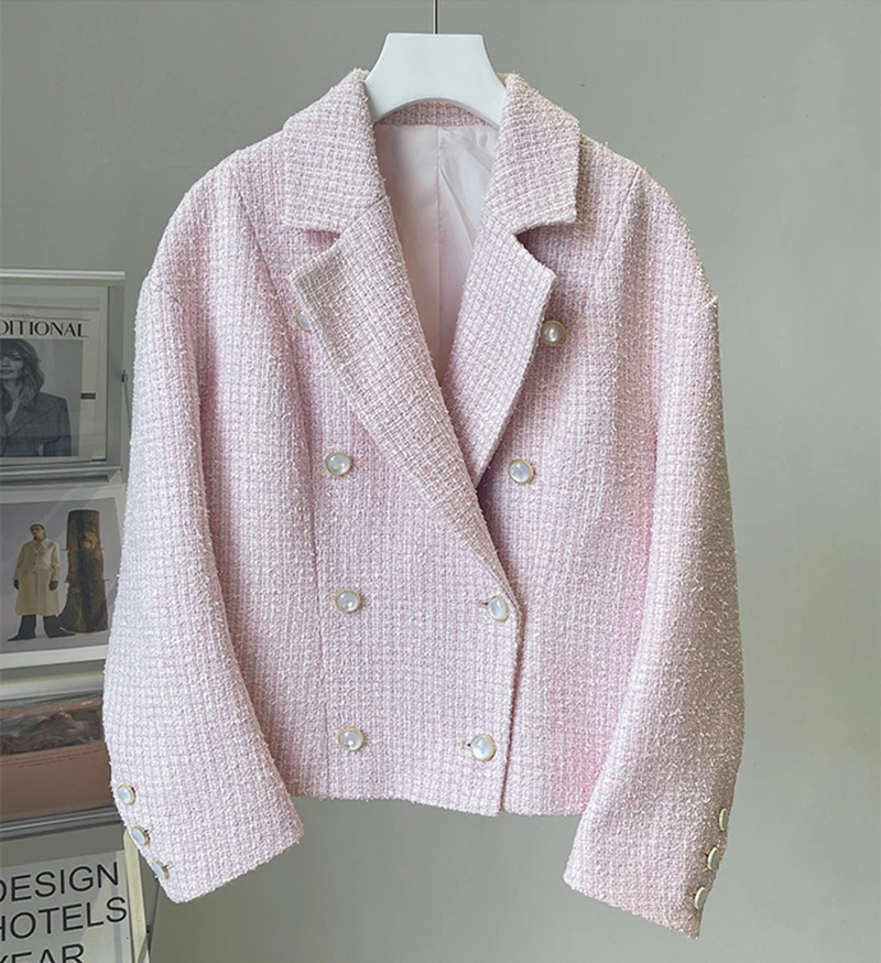 

High Quality Women Spring Autumn Vintage Elegant Sweet Cute Ladies Pink Woolen Short Cardigan Jacket Coat