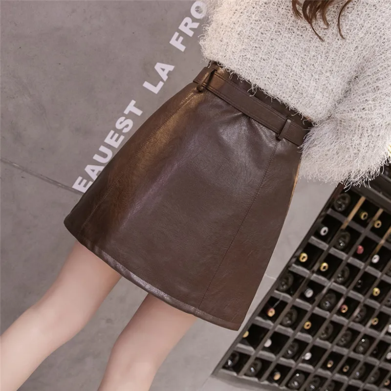 Женские юбки из искусственной кожи с высокой талией и поясом мини женская юбка на