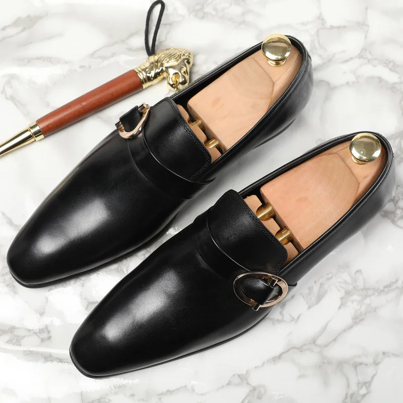 

High Quality Genuine Leather Business Men's Dress Shoes Retro Point Toe Oxford Formal Shoes Monk Strap Wedding Party Shoes G221
