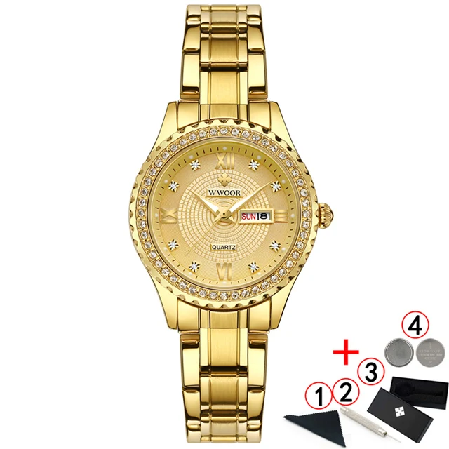 gold gold box Новинка WWOOR женские часы Топ люксовый бренд модные повседневные женские кварцевые наручные часы из нержавеющей стали Сетчатое платье часы для девочки - Цвет: gold gold box
