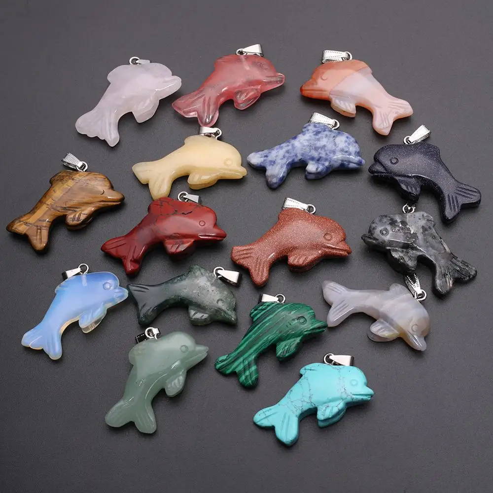 

24PCS Reiki Chakra Druzy Dolphin Shaped natural stones Necklaces Pendant Charms Pendulum Amulet Jewelry pendants For Girls Gift
