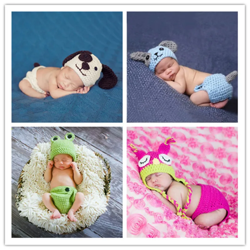Cute Owl Puppy Dog Frogs Clothes Newborn Photography Props Baby Infant Hat Shorts Crochet Knitted Clothing Set Photo Accessories | Мать и