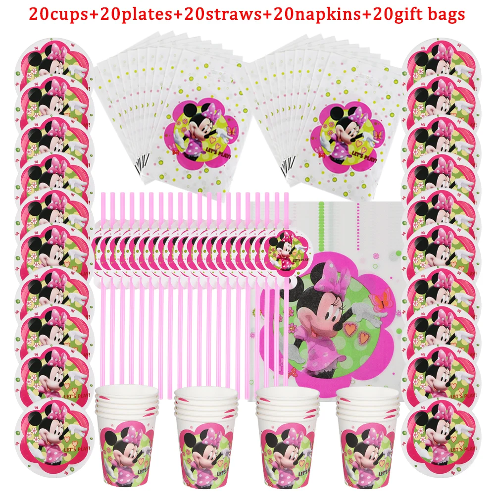 

Minnie Mouse Paper Plate Cups Napkins Straw Happy Birthday Party Supplies Girls Baby Shower Disposable Tableware Decoration