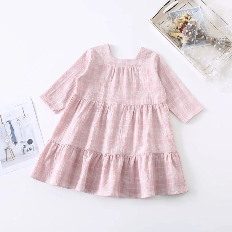 

Spring New Arrival Korean style cotton plaid princess sweet long sleeve pleated long dress for fashion cute baby girls