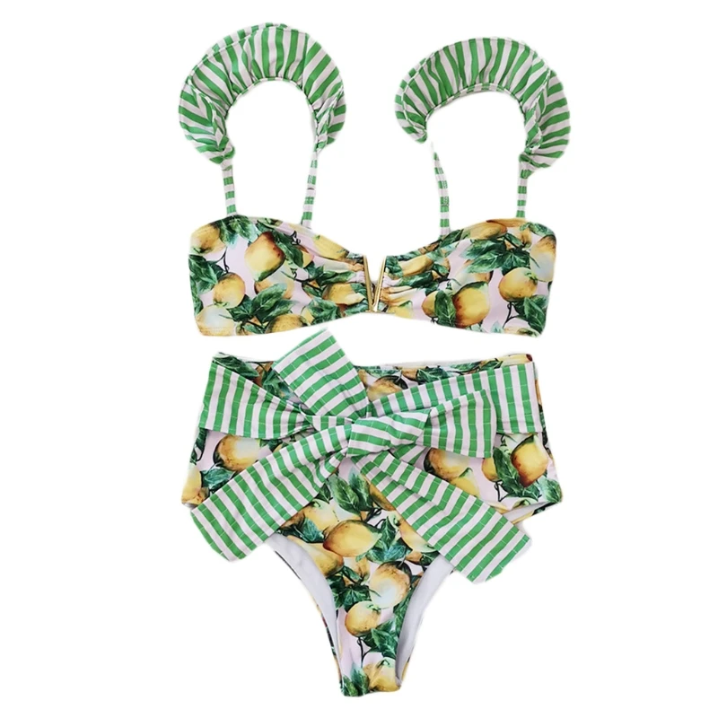 

808D Women Sexy 2 Pieces Bikini Set Ruffled V-Neck Bra Tie Waist Thong Swimsuit Bohemian Lemon Printed Push Up Padded Bathing