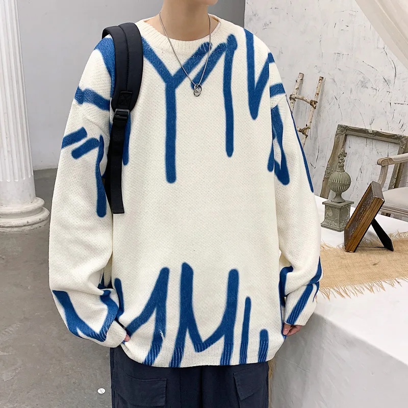 

Hip Hop Knitwear Mens Sweaters O-Neck Harajuku Fashion Letter Loose Tops Male Casual Streetwear Autumn Vintage Pullover Sweaters