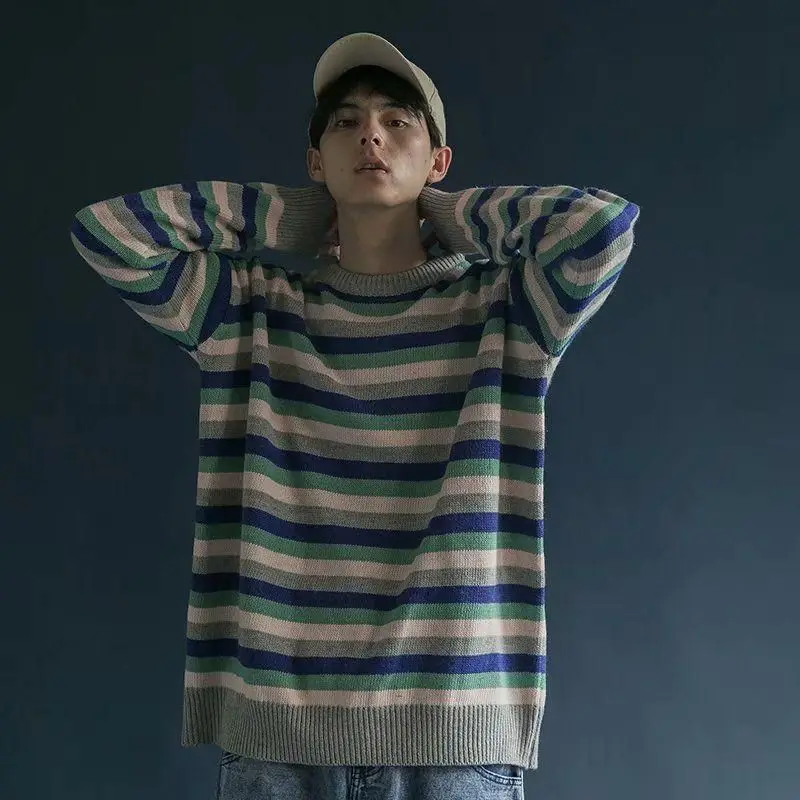 

Retro Sweater Men Women Contrast Color Stripes Lethargic Pullover Couple Korean Fashion Loose O-neck Knitted Top Vintage Clothes