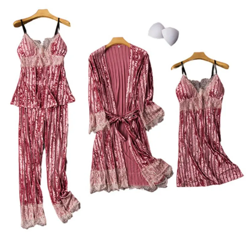 4 шт. одежда для сна Женский комплект Золотая бархатная кружевная сексуальная