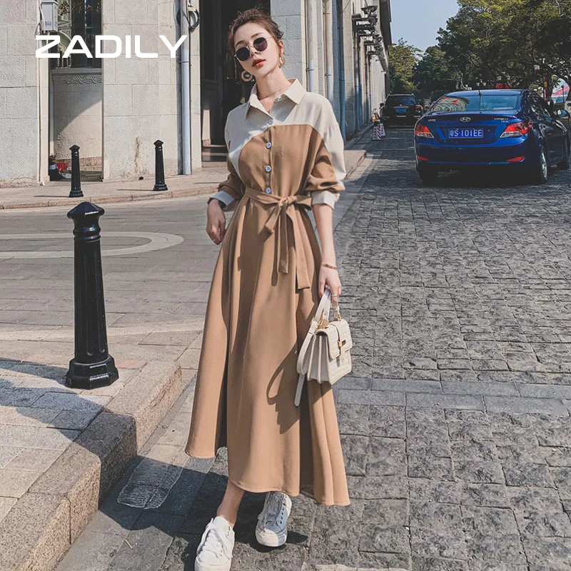 

Chic Office Lady Patchwork Full Sleeve Women Party Maxi Dress Button Up Turn-Down Collar Shirt Dresses 2021 Summer Female Robe