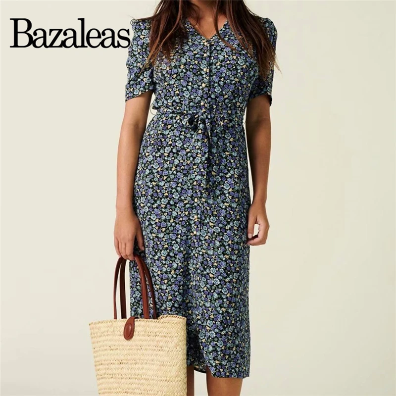 Женское винтажное платье-миди Bazaleas элегантное платье с принтом в виде синей розы