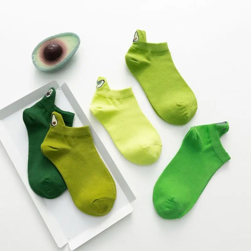 

5 Pairs Women Girls Cartoon Avocado Embroidery Ankle Short Socks Bright Green Low Cut Summer Casual Cotton Hosiery