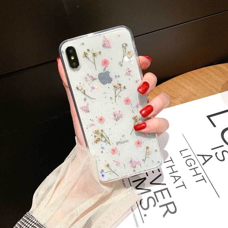Прозрачный мягкий чехол из ТПУ с настоящими цветами для телефона iPhone 12 11 Pro Max X XS XR